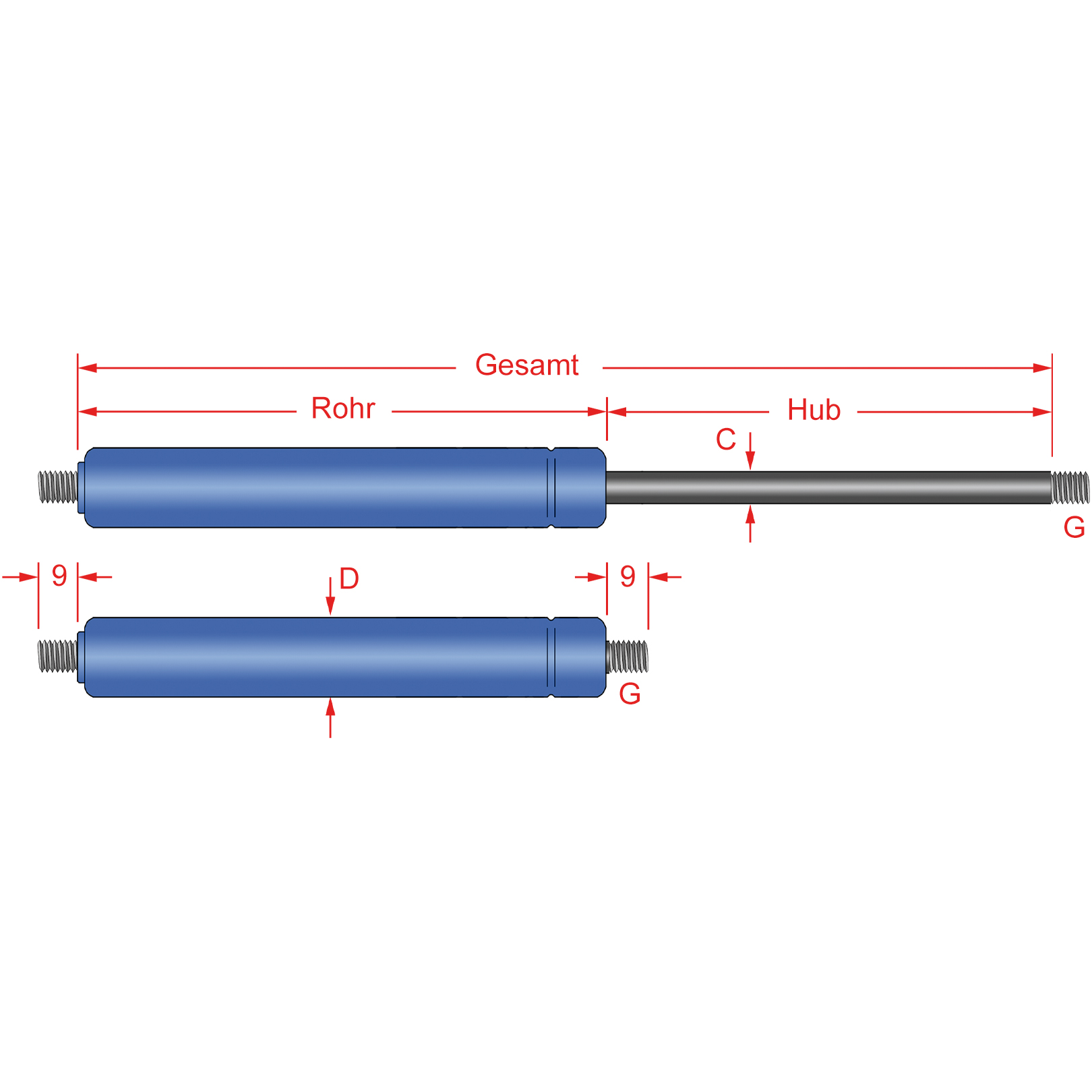 Gasdruckfeder 10-23, Hub 300mm, Kraft 100-1100N | 119614 Gasdruckfeder 10-23, Hub 300mm, Kraft 100-1100N | 119614